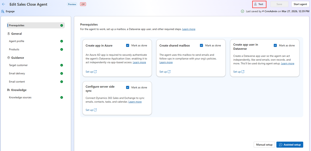 Sales Close Agent settings page showing the option to test the agent.
