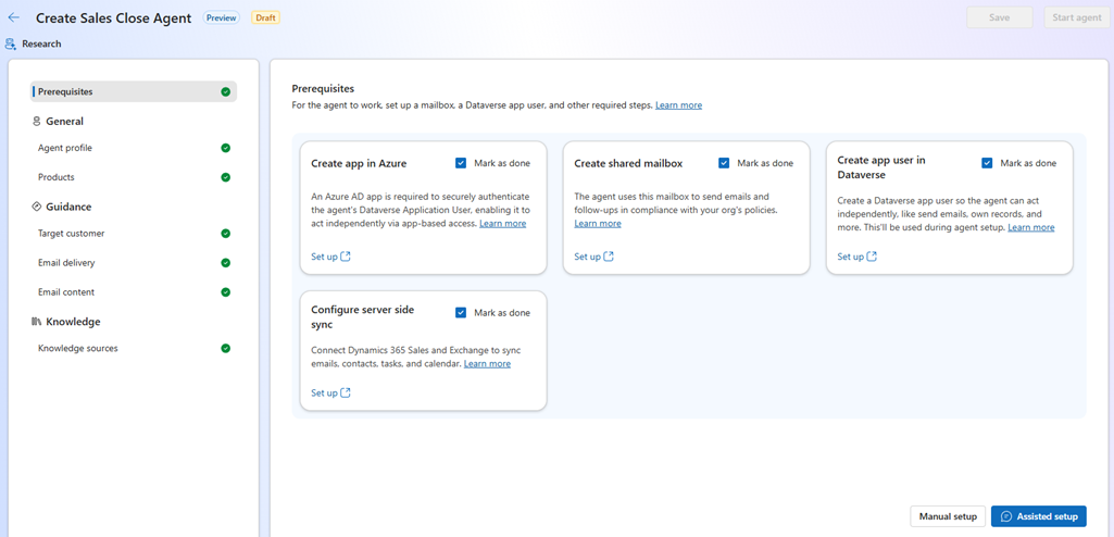Sales Close Agent settings page showing the option to create a new agent.