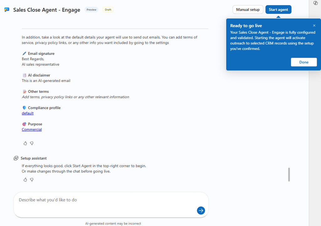 Sales Close Agent setup assistant showing the summary of configurations before starting the agent.