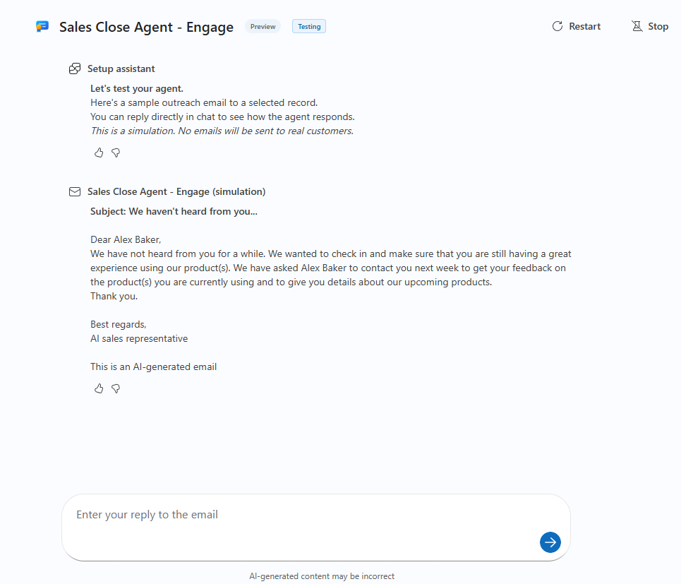 Sales Close Agent test chat pane showing a sample outreach email.