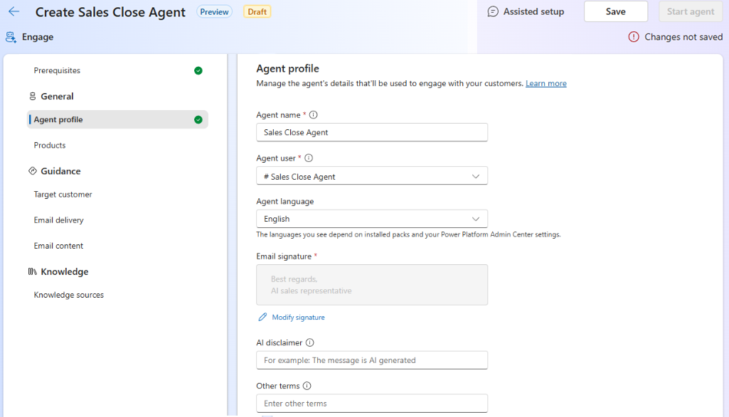 Screenshot of the Sales Close Agent profile settings page.