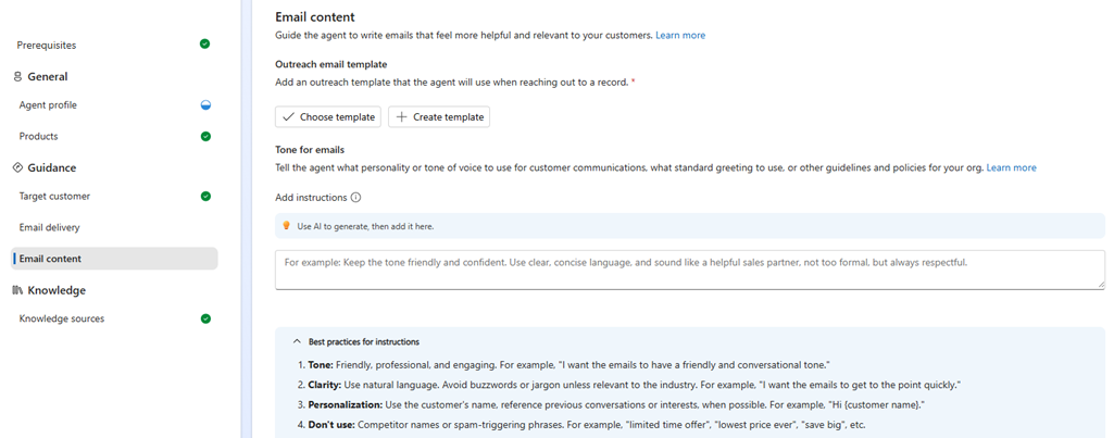 Screenshot of the Sales Close Agent email content settings page.