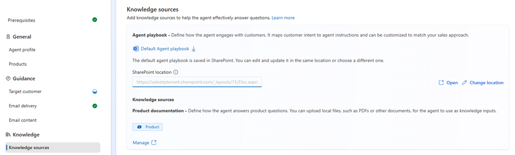 Screenshot of the Sales Close Agent knowledge sources settings page.