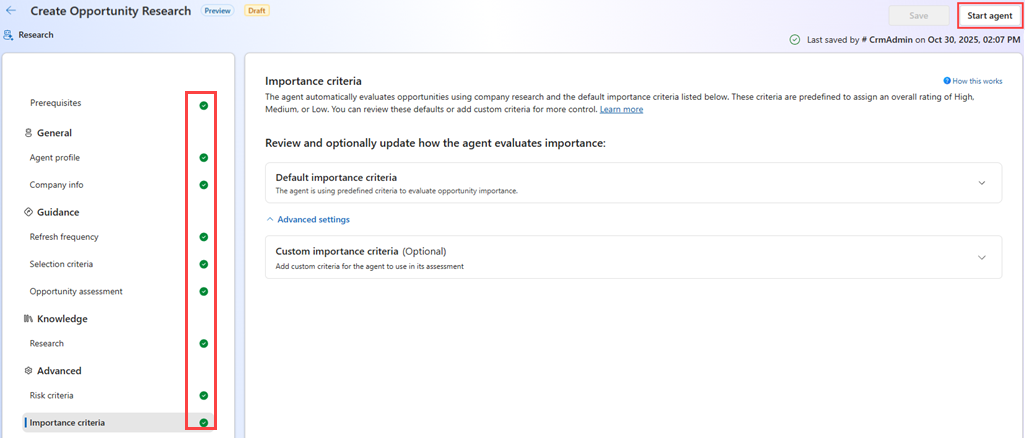 Screenshot of selecting start agent option on the Sales Opportunity Agent settings page.
