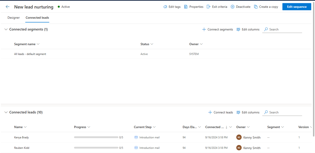 Screenshot of the Connected records tab of a sequence.