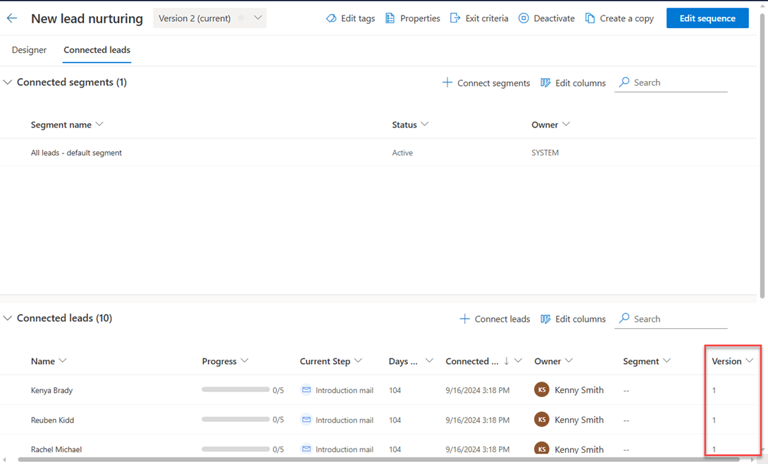Screenshot of the list of leads with associated sequence versions.