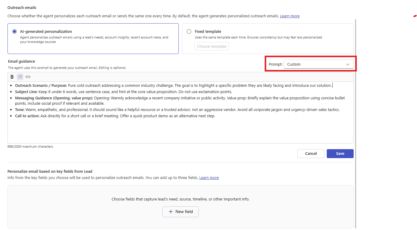 Screenshot of the email guidance editor with the Custom prompt highlighted