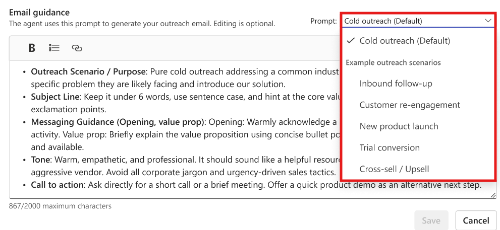 Screenshot of the email guidance editor with the prompt drop-down highlighted