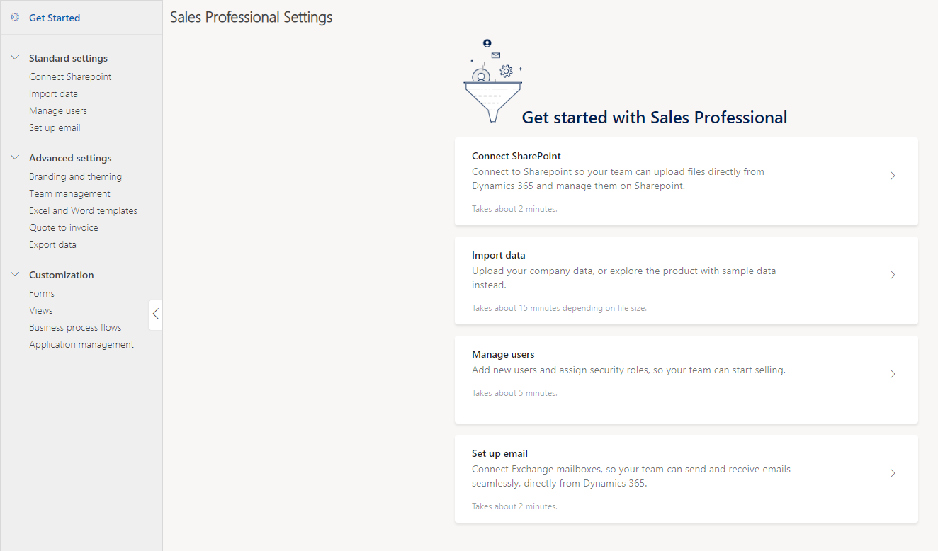 Screenshot of the Get Started page in the Sales Professional app.
