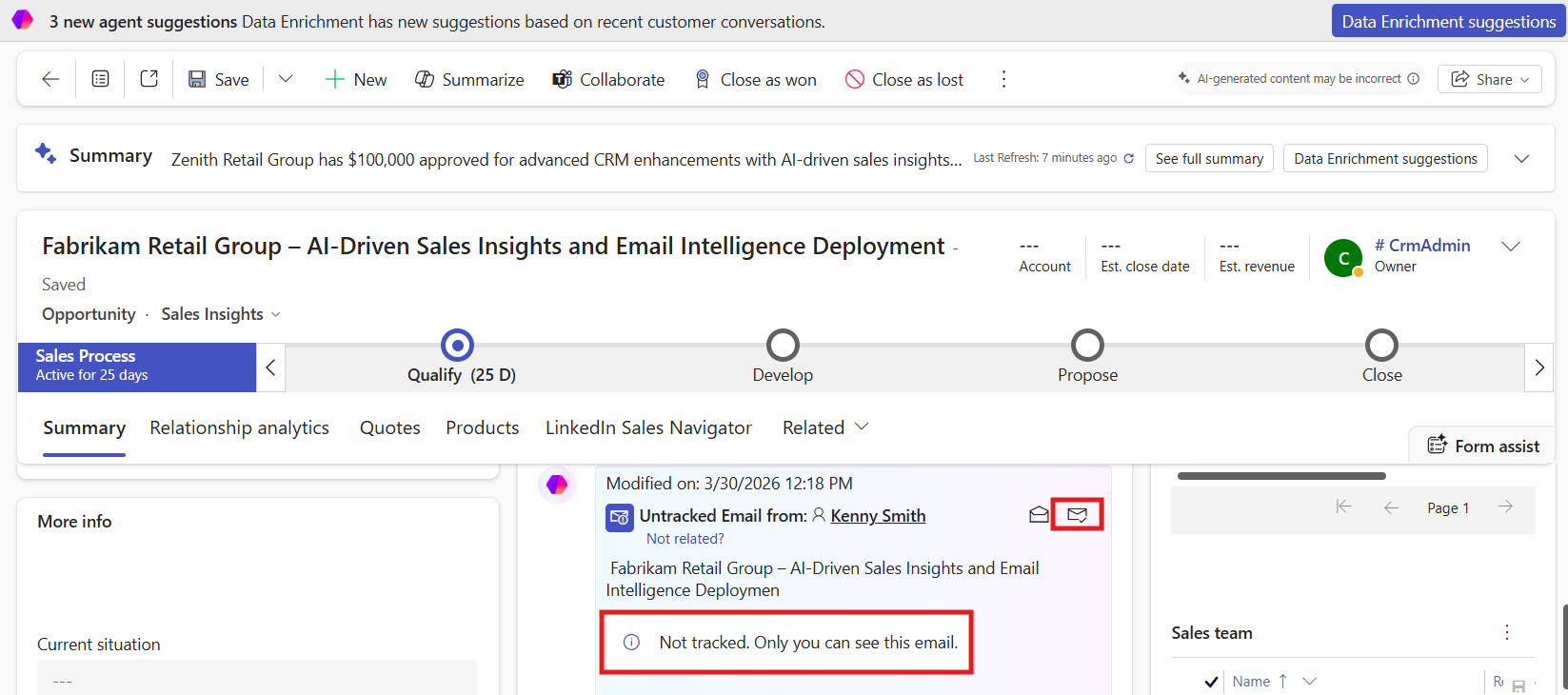 Screenshot of an email in the timeline with the Data Enrichment icon and the Track button