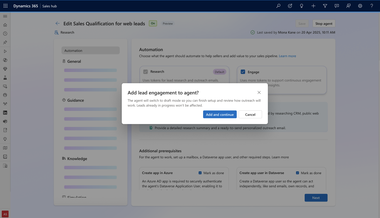 Screenshot of the confirmation message for upgrading the agent to handle both research and engagement.