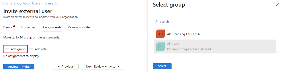 Screenshot of the add group assignment process.