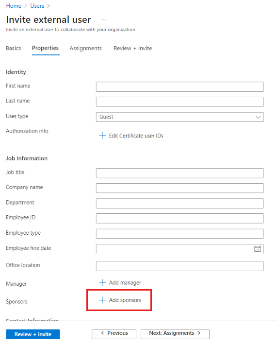 Screenshot of the invite external user flow showing where to add sponsors under Job information on the Properties tab.