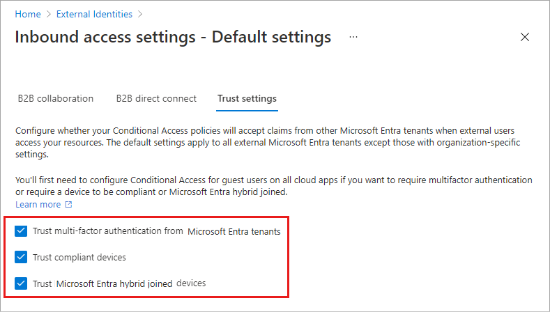 Screenshot showing inbound trust settings.