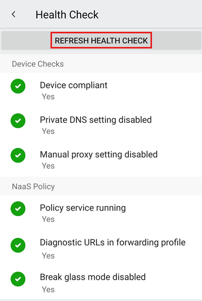 Screenshot of the Health Check view showing that the completed device and policy tests passed.