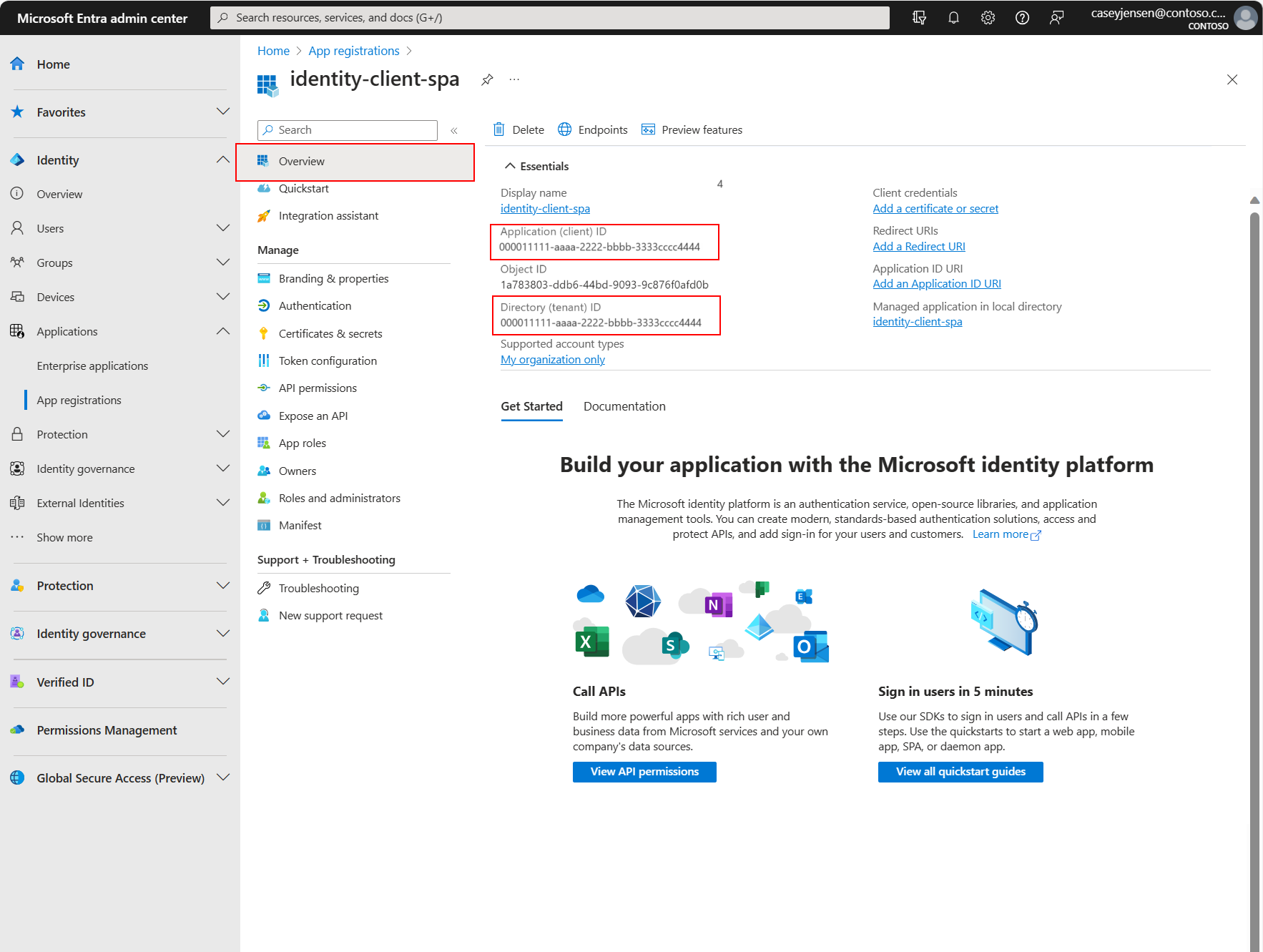 Screenshot that shows the identifier values on the overview page on the Azure portal.
