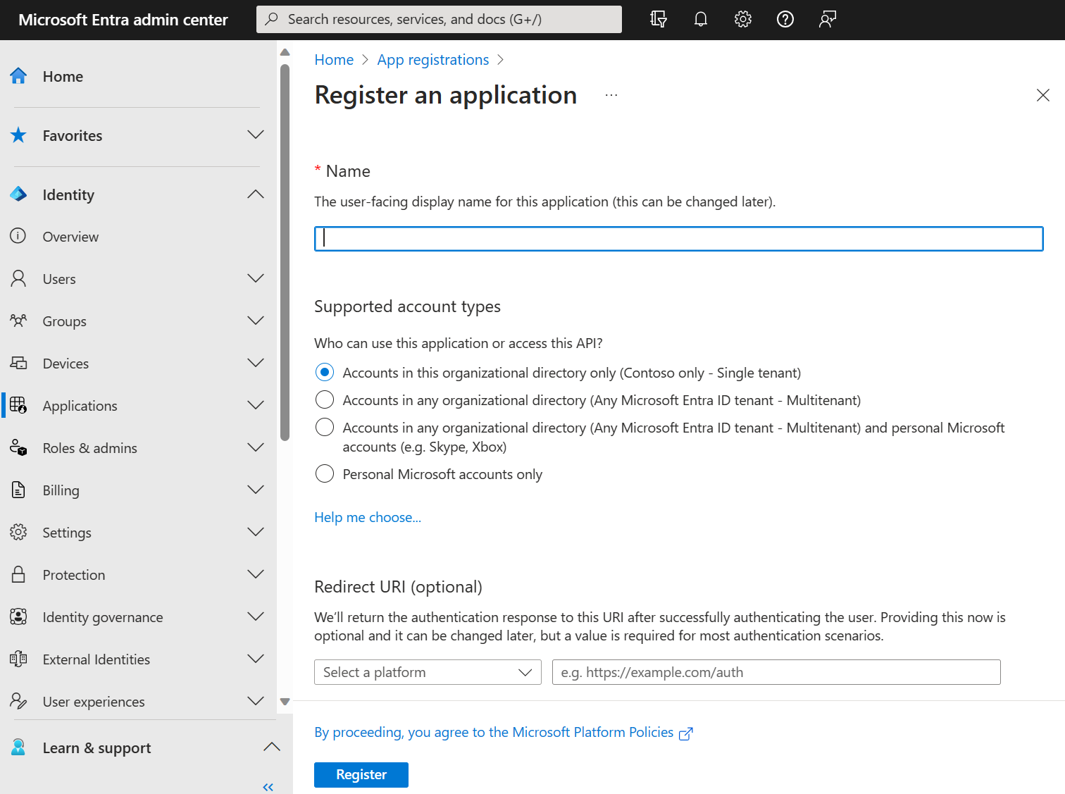 Screenshot of Microsoft Entra admin center in a web browser, showing the Register an application pane.