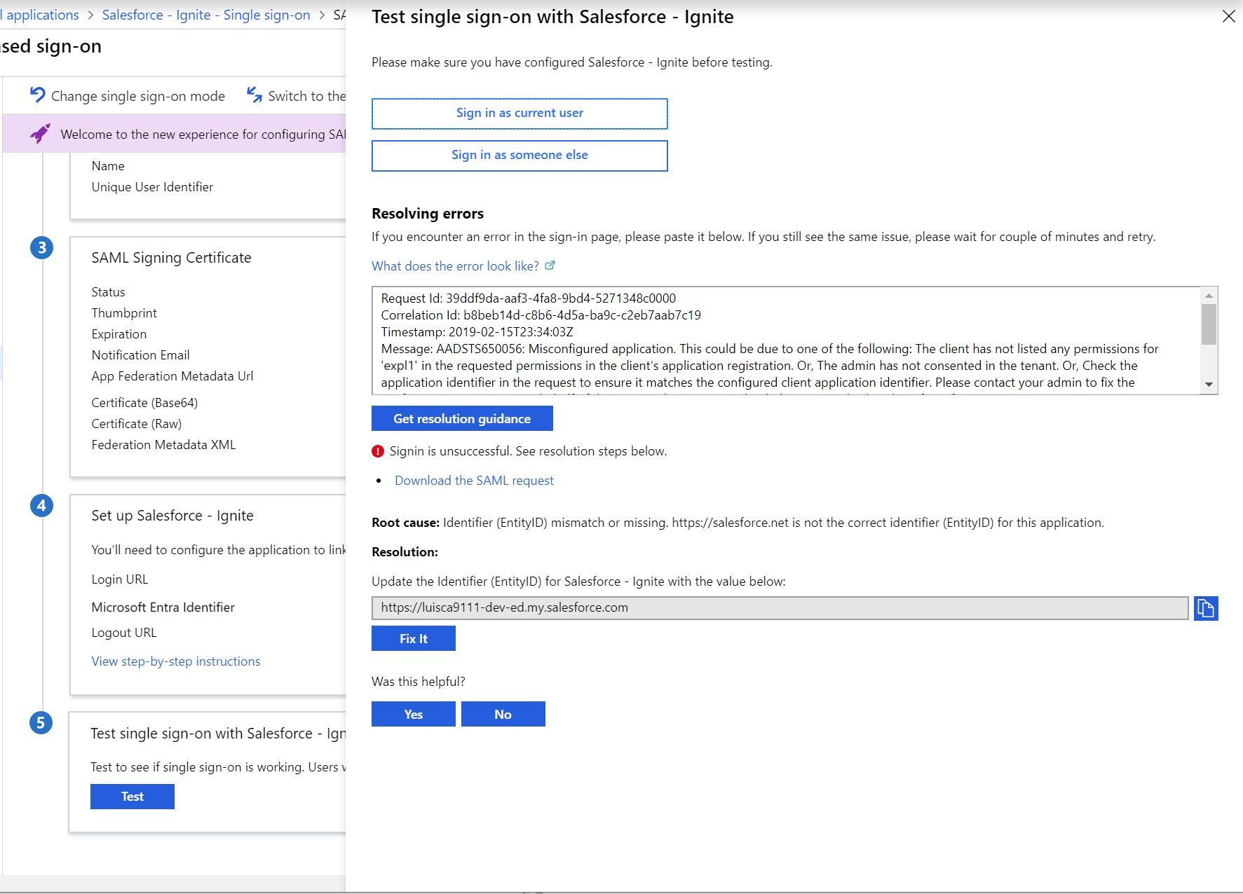 Screenshot showing the test SAML SSO page