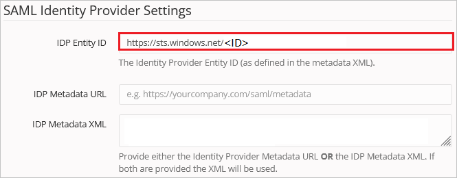 Screenshot shows IDP Entity ID.