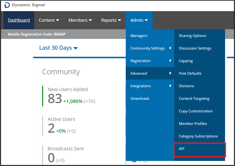 Screenshot of the Dynamic Signal admin console. Advanced is highlighted in the Admin menu. The Advanced menu is also visible, with A P I highlighted.