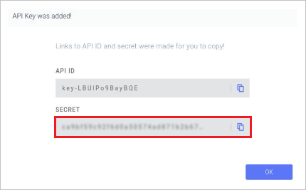 Screenshot of a window telling users that the A P I key was added. The Secret box contains an indecipherable value and is highlighted.