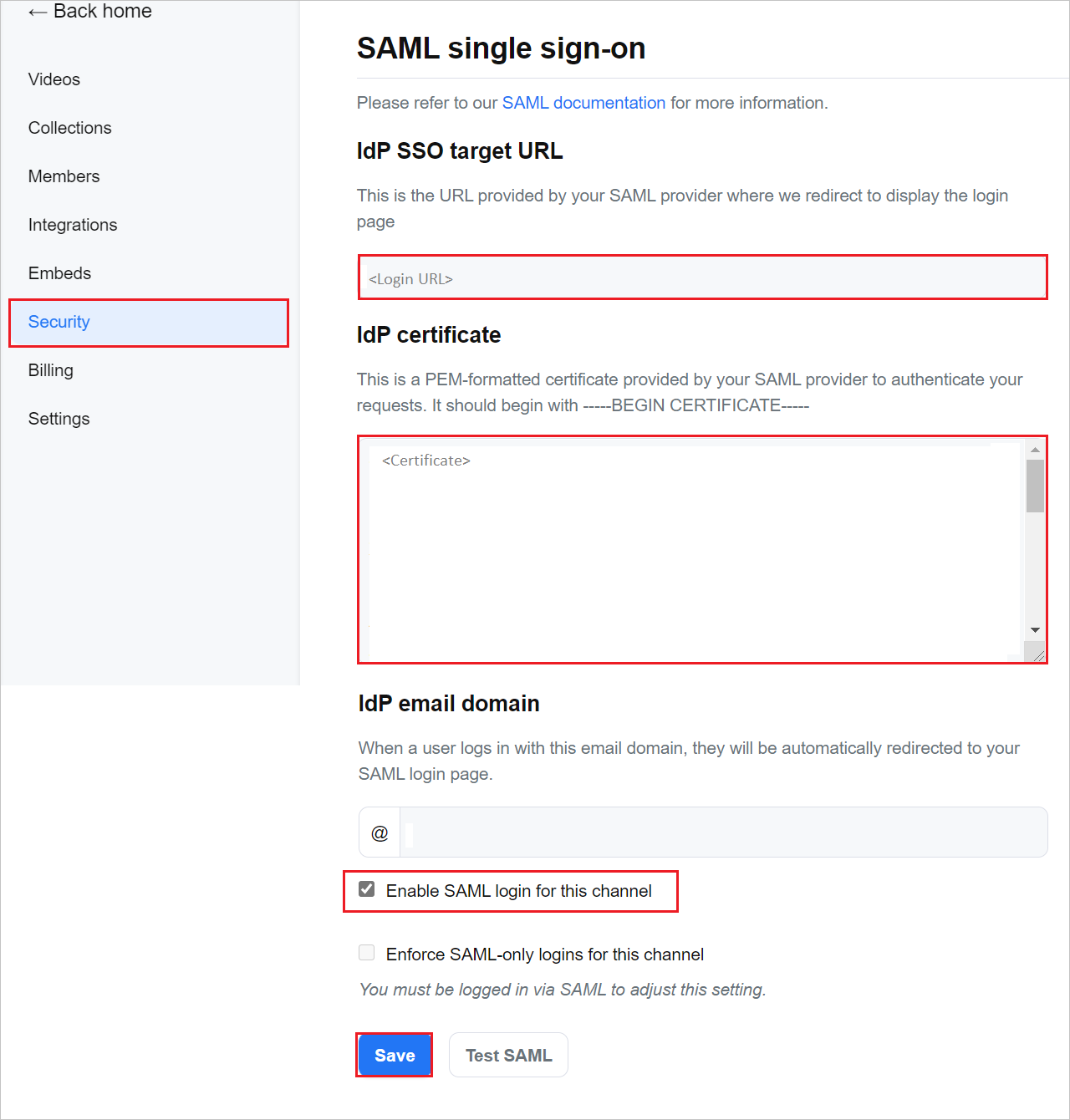 saml single sign-on section.