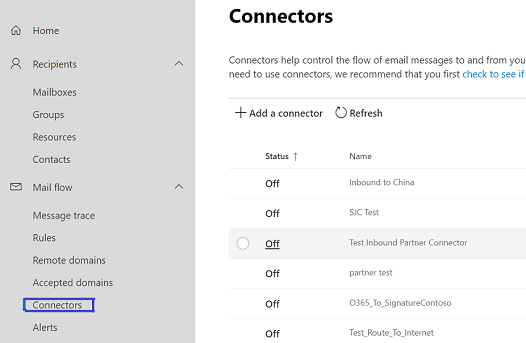 Screenshot that shows the Connectors page in the EAC.