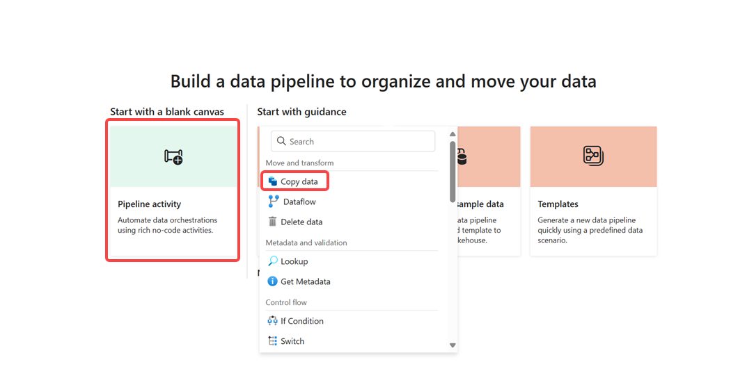 Screenshot showing where to select Pipeline activity and Copy data.