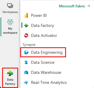 Screenshot showing where to find the switcher and select Data Engineering.