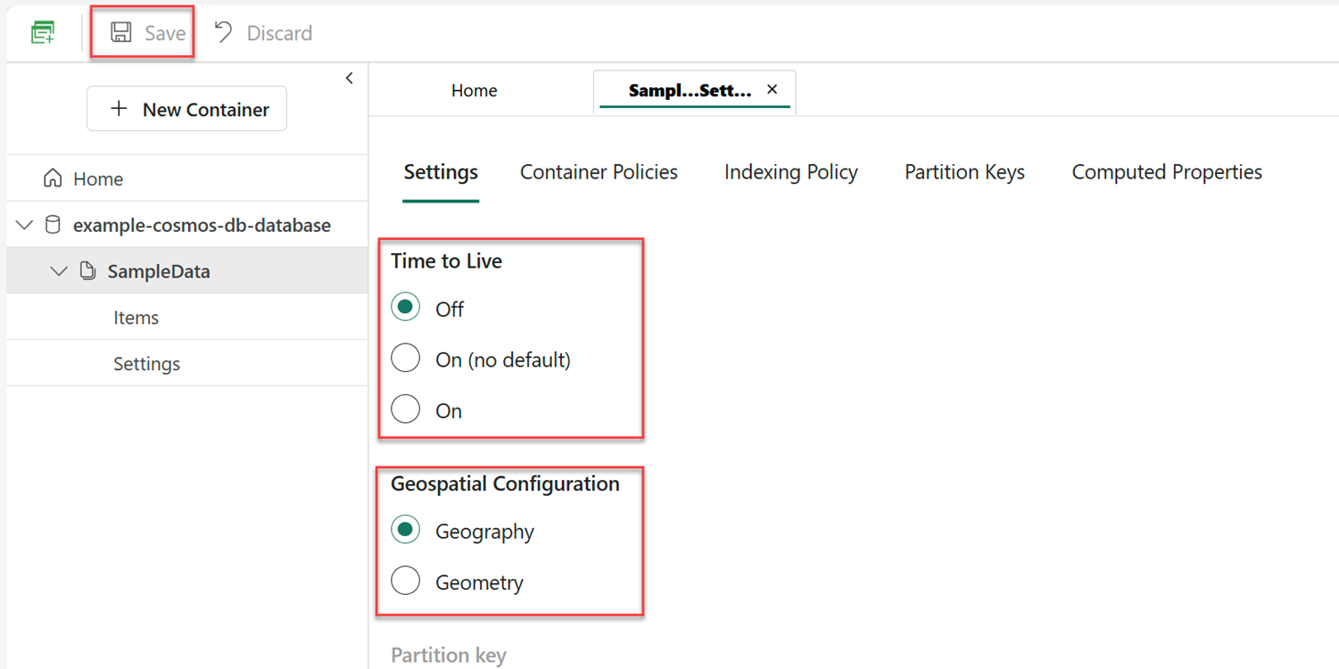 Screenshot of the 'Settings' section for a container within a database in the Fabric portal.