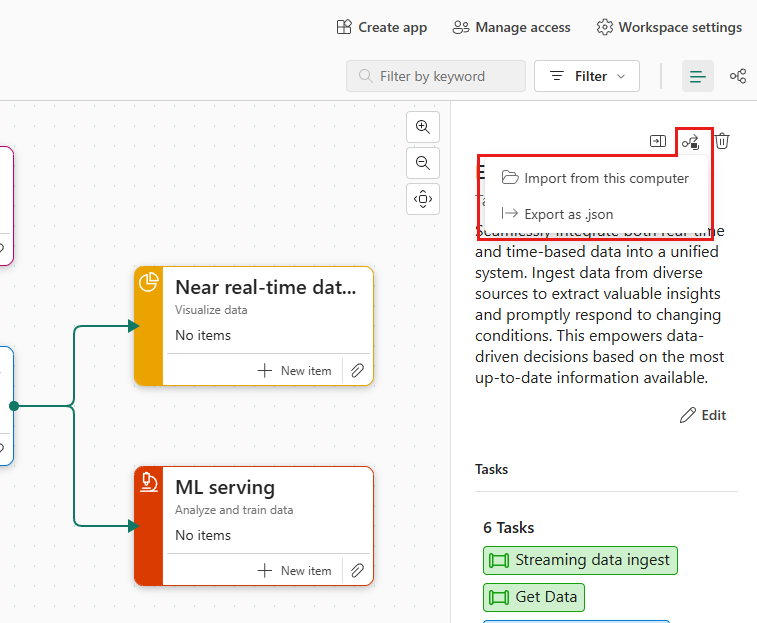 Screenshot showing how to access the import task flow and export taskflow options.