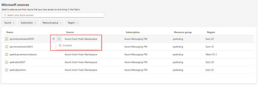 Screenshot that shows the Microsoft sources tab with filters to show event hubs and the connect button for an event hub.