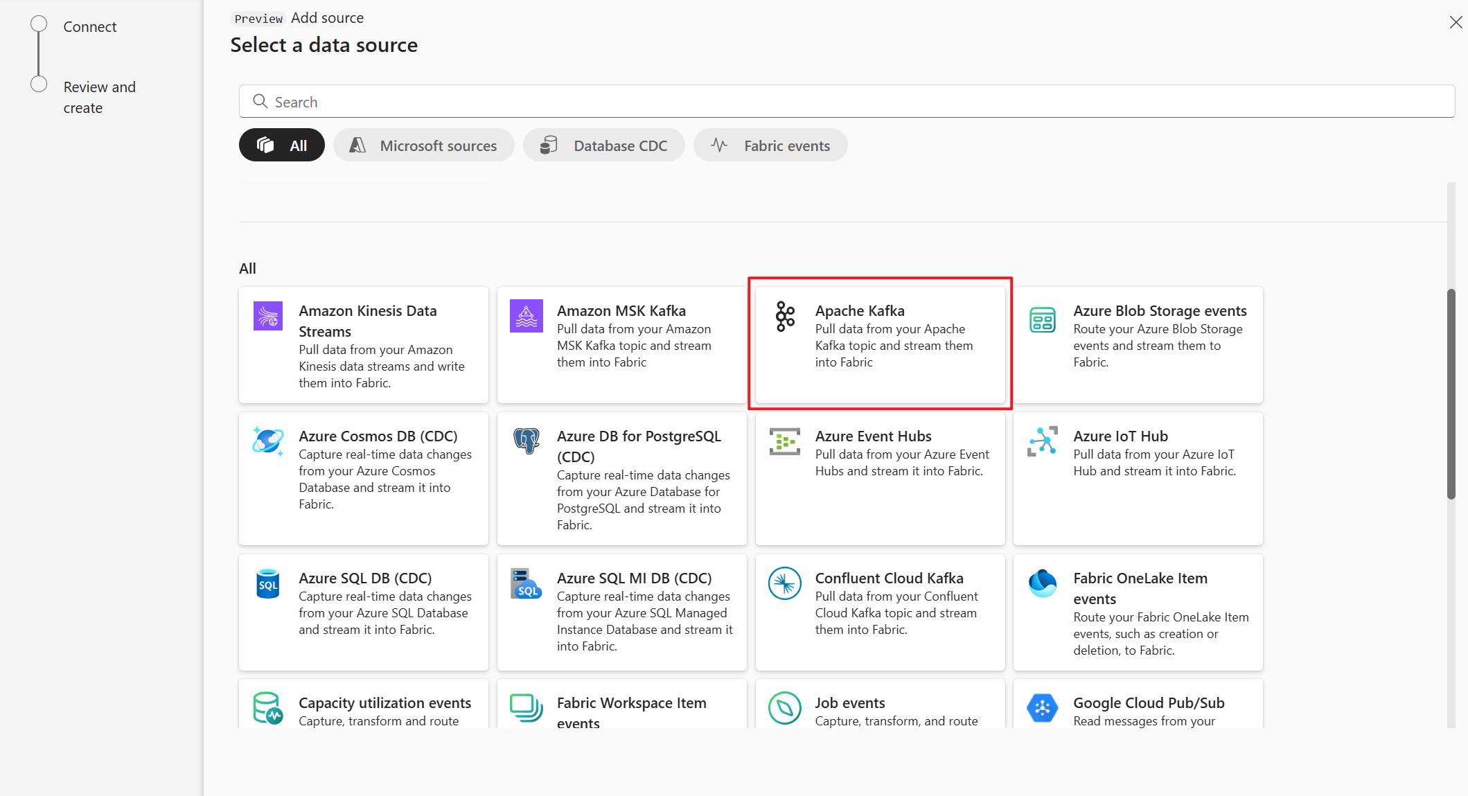 Screenshot that shows the selection of Apache Kafka as the source type in the Get events wizard.