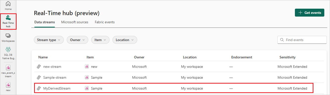 Screenshot of the derived eventstream listed in Real-Time hub.