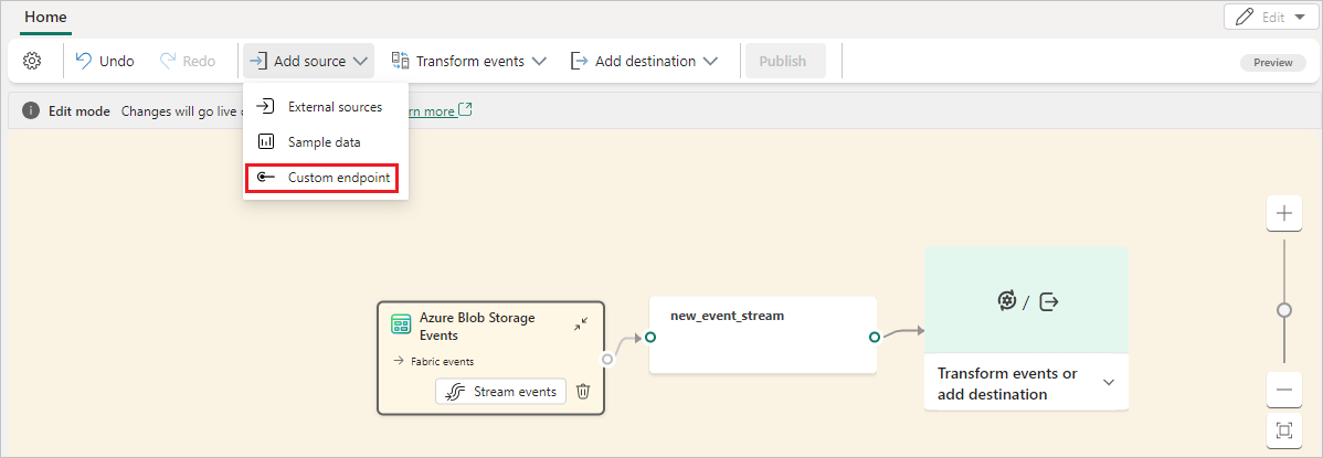 A screenshot of selecting Custom endpoint to add to an existing eventstream.