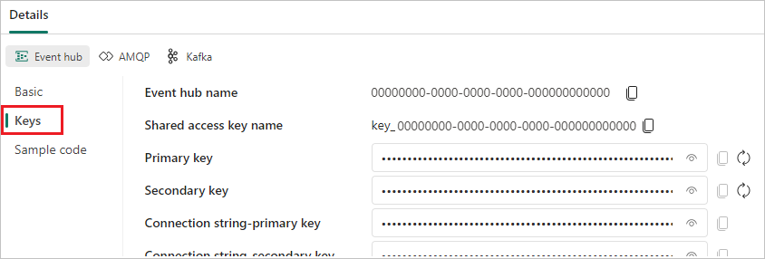 A screenshot showing the Keys information in the Details pane of the eventstream Live view.