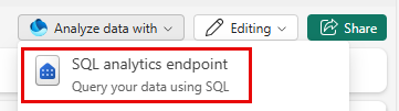 Screenshot of the **Analyze data with** button expanded with the SQL analytics endpoint option highlighted.