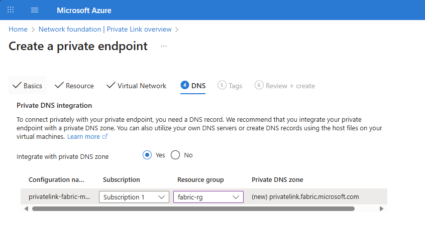 Screenshot of the DNS tab in Create a private endpoint.