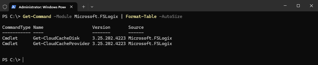 Screenshot of Get-Command Microsoft.FSLogix.