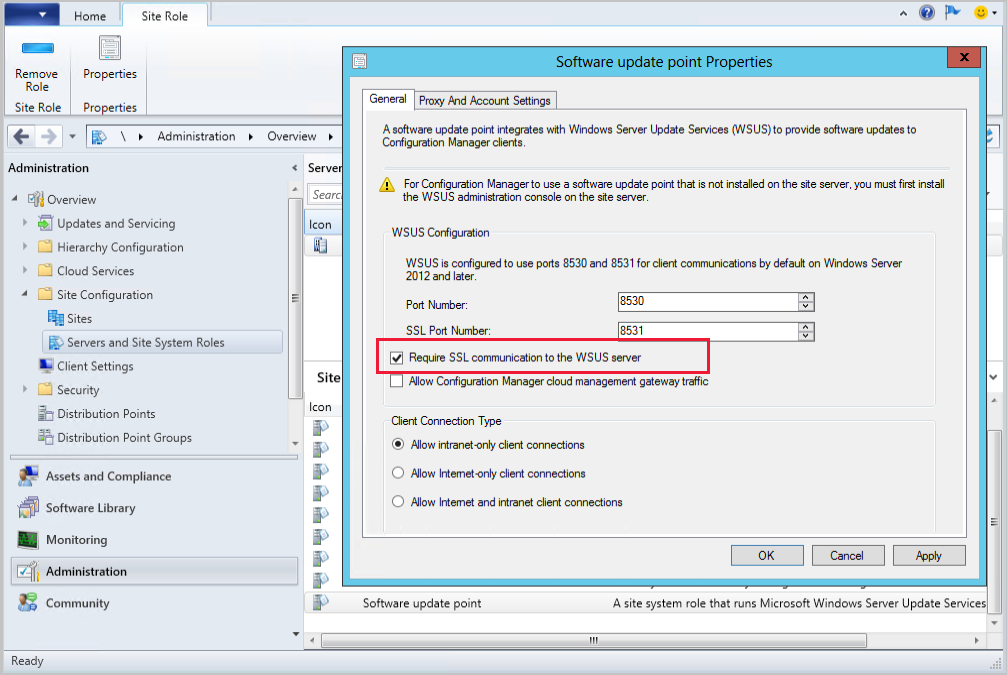 SUP properties showing the option for Require SSL communication to the WSUS server