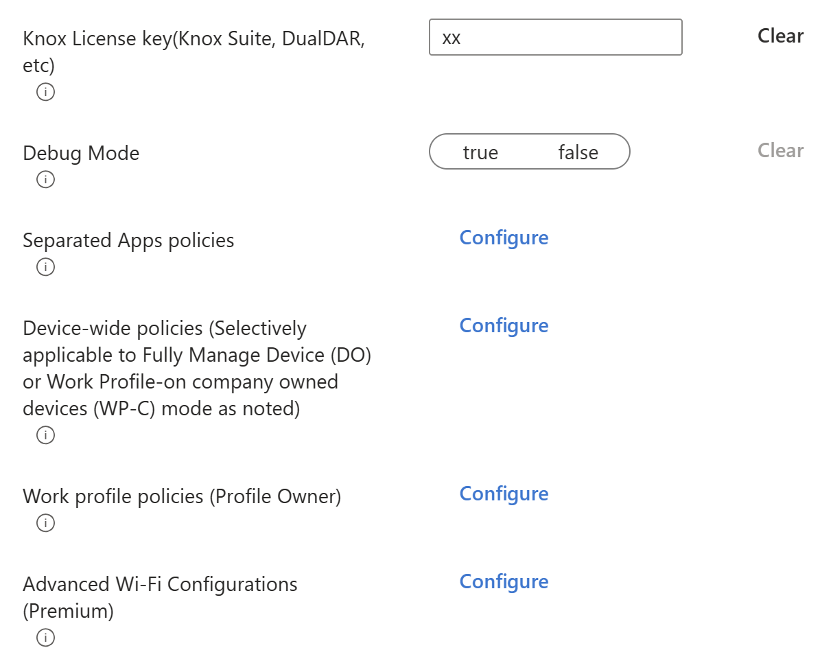 Screenshot that shows a sample OEMConfig device configuration profile with top parent groups or bundles  that can be configured in Microsoft Intune.