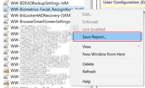 Screenshot that shows how to open Group Policy management and save a GPO as an XML file report.