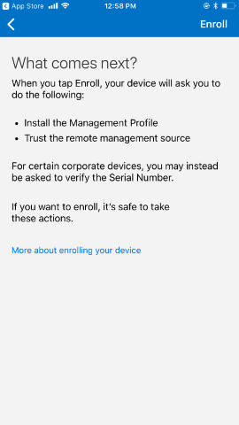 Screenshot shows Company Portal app for i O S / i Pad O S before update, What comes next screen.