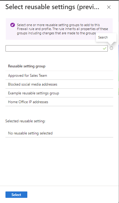 Screenshot that shows the Select Reusable settings pane.