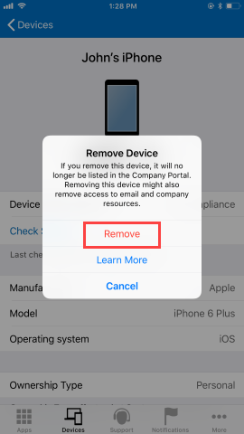 Screenshot of the Company Portal app Devices screen, showing options after user has clicked Remove Device button. Shows red highlighted "Remove" button, and blue highlighted "Learn More" button and "Cancel" button.