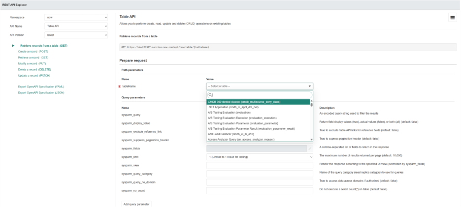 Screenshot of the REST API explorer page.