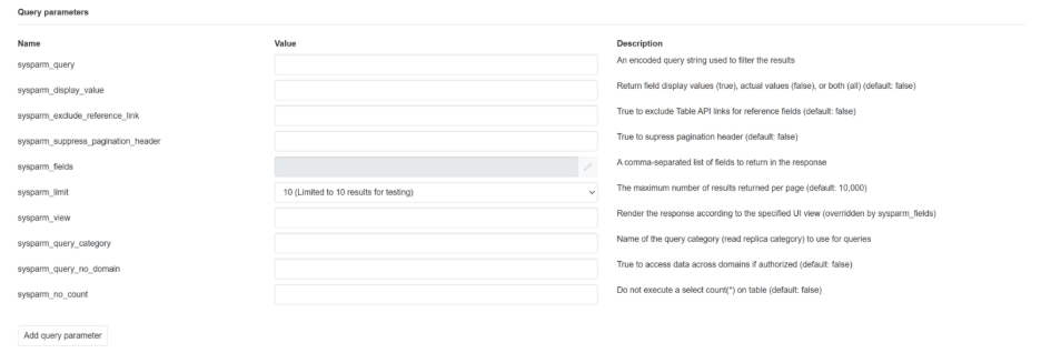 Screenshot of the REST API explorer with the sysparm_light field highlighted.