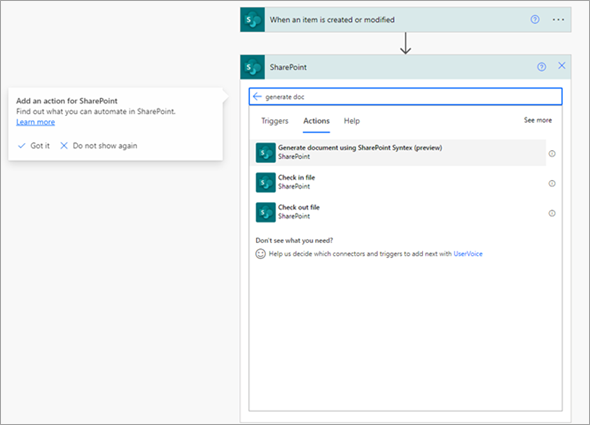 Screenshot of the SharePoint connector Actions tab showing Generate document using Syntex action.