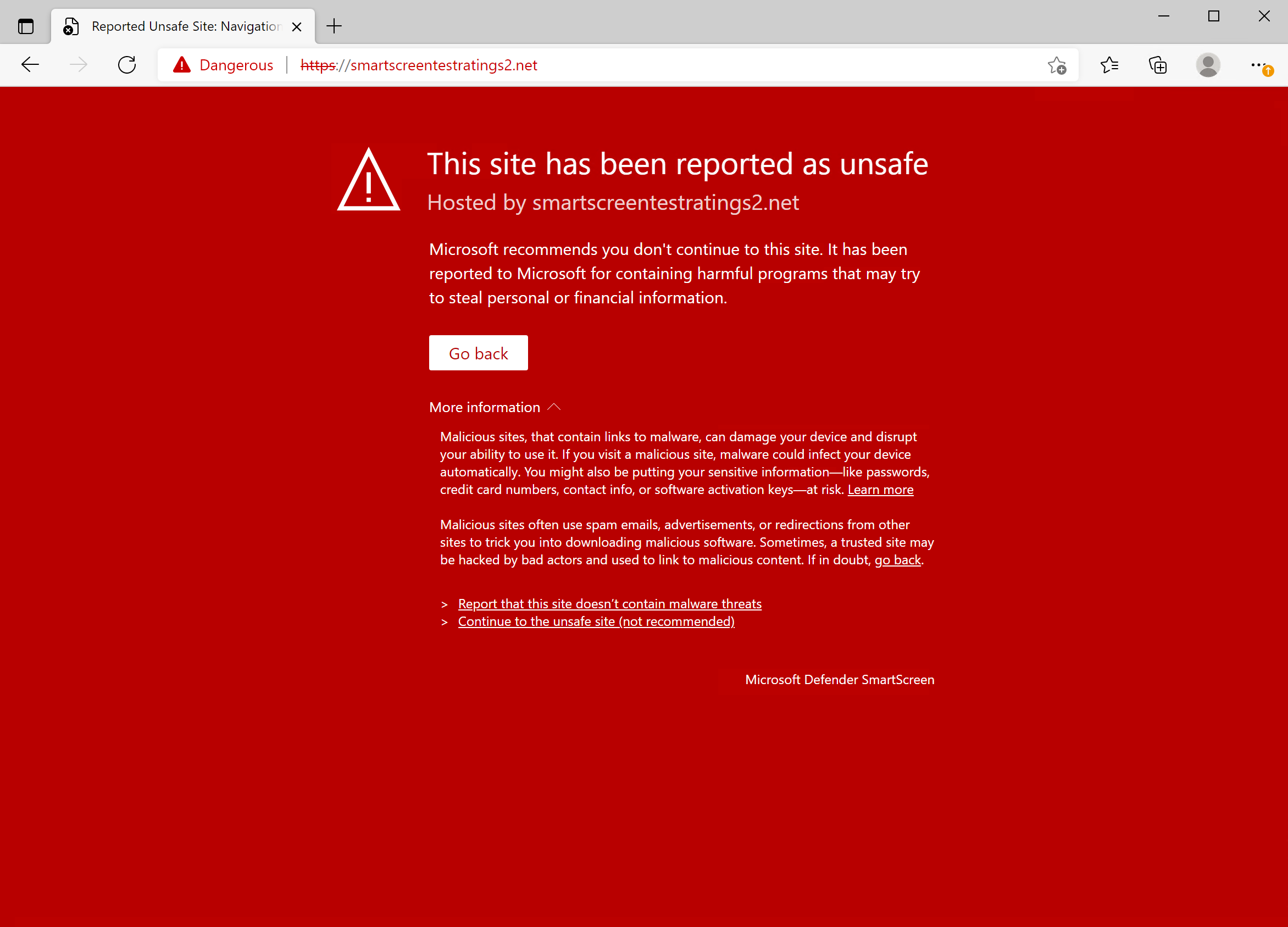 The page blocked by Microsoft Edge