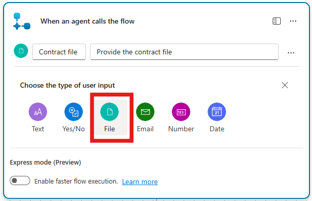 Screenshot of a flow highlighting the file as a type of user input.